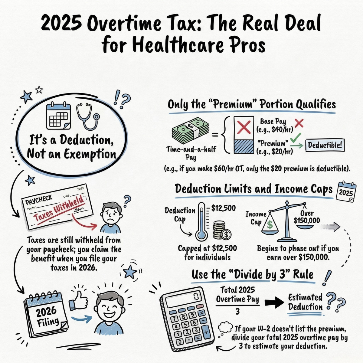 Infographic summarizing the 2025 overtime tax deduction for healthcare professionals