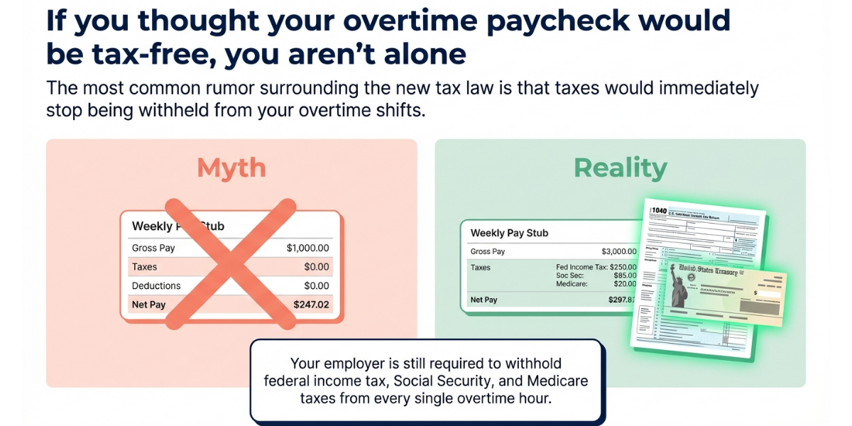 Myth vs fact comparison showing overtime is still taxed on your paycheck